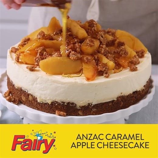 This dessert beautifully unites the crunch of biscuit, the rich creaminess of cheesecake, and the sweet warmth of caramel and apple - offering a fresh take on classic flavours. A delightful tribute to the spirit of the Anzacs. To view recipe details visit: https://bit.ly/3Uz8hx3 | Fairy Baking Australia