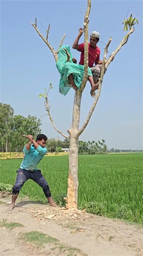 What is the woman doing on the tree?