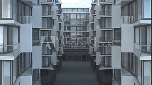 Walk through between buildings, Building design with BIM technology, Construction 4.0, CAD, engineering and architecture, 3D rendering, 3D illustration