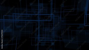 Dark abstract geometric technology background with a repeating minimalist pattern of blue square shapes and dashed lines. Full HD and looping textured tech background.