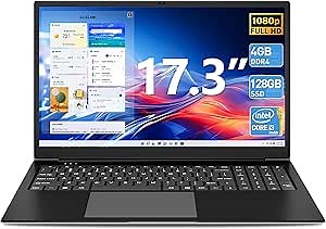 SGIN Laptops, 17 Inch Laptop with Core i3 Processor (up to 2.4 GHz), 4GB DDR4 RAM, 128GB SSD, Dual WiFi, Webcam, Mini HDMI, USB3.2 * 2, Type-C, 8000mAh (Black)