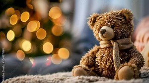 a teddy bear a teddy bear with a Christmas tree in the backgroundwith a Christmas tree in the background