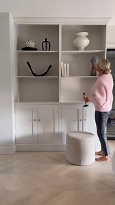 Morning! I’ve had a huge clear out and declutter this week. This is our diy bookcase we made and it’s always a joy cleaning this as I get to restyle it! Made from mdf painted in farrow and ball ammonite. #bookcasestyling #hallwayinspo #neutralhomedecor #diyproject | KJG HOME