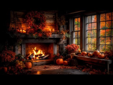 Cozy Autumn Fireplace Ambience 🍂 Relaxing Crackling Fireplace & Rain Sounds for Relax, Sleep