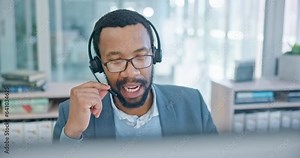 Computer, call center and support with a black man consultant working in customer service for assistance. Contact, crm and headset communication with an employee consulting in an office for sales