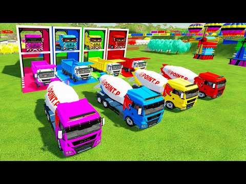 Colorful trucks - ALL COLORFUL MAN MIXER CEMENT TRUCK, TIPPER TRUCK TRANSPORTING WITH FLATBED TRUCK
