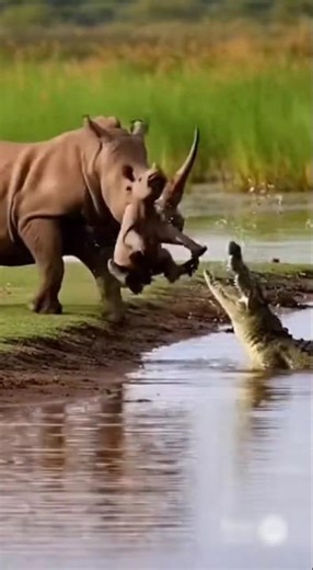 Rhino vs Crocodile 🦏🐊 | Wild Territory Showdown #WildlifeDrama #PredatorVsPrey #Nature