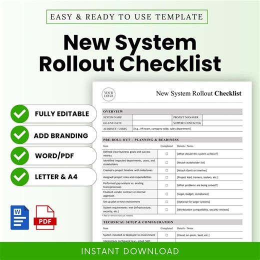 New System Rollout Checklist Template – Word & PDF, A4 + US Letter - Etsy