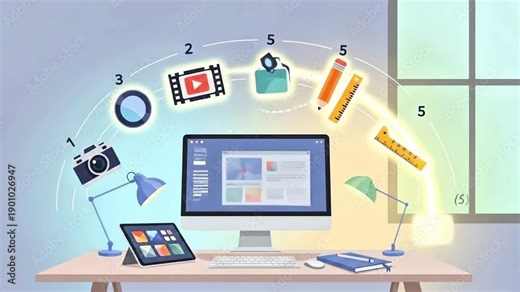 This video depicts the entire digital content creation process, showcasing photography, video production, editing, graphic design, and publishing stages from a desktop computer.