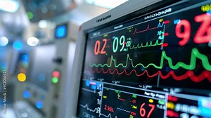 A close-up of a computer screen showing medical software that is used for equipment diagnostics in hospital engineering. Vital sign readouts with crisp details and a digital medical monitor display
