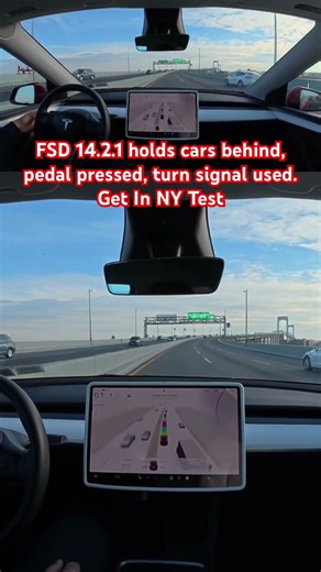 FSD 14.2.1 holds car behind, pedal pressed, turn signal used. Get In NY Test #fsdbeta #teslafsd #fsd