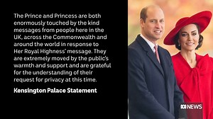 5.3K views · 43 reactions | Prince William and Princess Catherine have been ‘enormously touched’ by the messages of support since Catherine revealed her cancer diagnosis, a Kensington Palace spokesperson says. World leaders, celebrities and the global public have sent their thoughts and prayers for the royal couple. | ABC News | Facebook