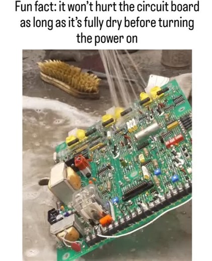 zorancodes on Instagram: "This instagram reel shares a video of a gloved hand scrubbing and rinsing a green PCB with soapy water under a faucet, paired with a caption debunking fears of water damage to electronics when properly dried first. This cleaning method is a validated electronics repair technique for removing flux and debris, as confirmed by sources like Electronics Stack Exchange, which note water-soluble fluxes make it safe with distilled water and thorough drying to prevent corrosion.