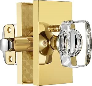Gold Glass Crystal Door Knobs Interior with Lock, Modern Crystal Glass Privacy Door Knobs for Bedroom and Bathroom, Polished Brass