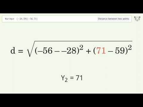 Find the distance between two points p1 (-28,59) and p2 (-56,71): Step-by-Step Video Solution