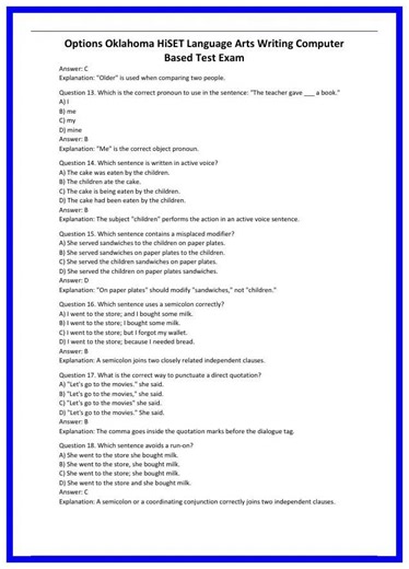 Options Oklahoma HiSET Language Arts Writing Computer Based Test Exam 636x882