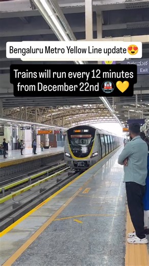 Bangalore Trending and Viral Reels By Akshay CN on Instagram: "📢 Bengaluru Yellow Line Metro: Full Details Explained Below 🚇💛 If you travel daily between Bommasandra – RV Road, this update will help you a LOT 👇 🔸 What’s Changing From December 22? BMRCL is introducing the 6th train on the Yellow Line, which will allow trains to run every 12 minutes during peak hours. This is a major improvement from the earlier 15–18 minute wait times. 🔸 Why This Change Was Needed After the Yellow Line open