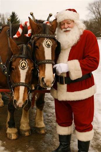 Santa and his beautiful draft horses made a perfect winter scene — festive, peaceful, and full of Christmas charm. With their candy-cane hats and gentle expressions, these horses look ready to pull a sleigh straight into a holiday storybook. A simple moment, but one that captures the heart of the season: warmth, kindness, and a touch of magic. ❄️❤️ #ChristmasJoy #SantaMagic #WinterScenes | The Equestrian Network