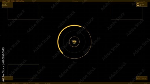 HUD interface animation shows layout of nuclear power station control room with detailed data and visual elements for monitoring systems