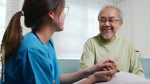 International Day for the Elderly. Young woman helping hands offering her senior man at home, Caring nurse helping elderly old man care facility gets help from hospital, old aged, medical healthcare