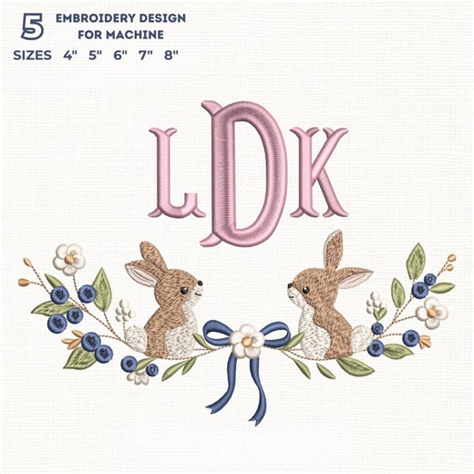 Vintage Rabbit   Fishtail Font Embroidery Font, Blue Bow Monogram, Easter Bunny Floral Crest,floral Berry Wreath,5 Sizes,11 Formats  bx Font - Etsy