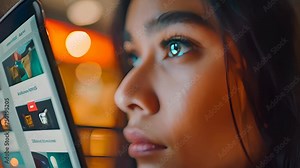 A woman is focused on looking at a tablet computer screen, scrolling and tapping on the device while seated
