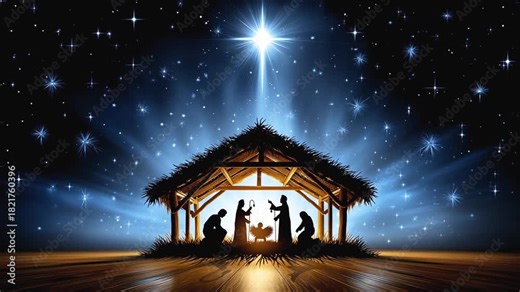 The Christmas Star. A holy nativity scene with the Star of Bethlehem shining above the baby Jesus in the peaceful night sky.