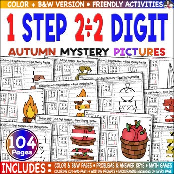 Single Step 2÷2 Digit Division Practice | Fall Math Mystery Picture Game,Cut.