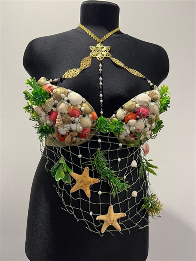 Mermaid Bra Seashell Top Siren Shell Gold Red Dance Fishnet Star Raw Wedding Costume Sea Sunset Scales Bridal Masquerade Photo Prop Custom - Etsy