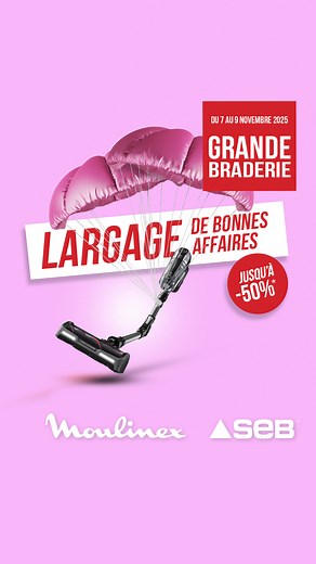 Attention aux têtes, mais pas au portefeuille ! 🪂 Du 7 au 9 novembre, c'est la Grande Braderie SEB Déstockage à TARBES ! En plus des prix déstockage déjà réduits, jusqu'à -50%* sur une sélection de produits de grandes marques en petit électroménager et articles culinaires. 📆 Du vendredi 7 au dimanche 9 novembre (horaires sur le lien) 📍 Braderie SEB Déstockage - Parc des Expositions (espace dédié) - 65000 TARBES | Groupe SEB Destockage