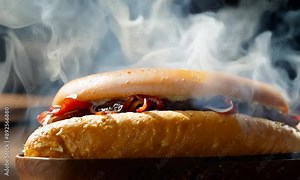 A hot dog with mustard on a grill with other hot dogs in a sandwich bun