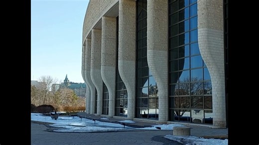 Indigenous architect Douglas Cardinal is inspired by landscapes. He designed the Museum to “speak of the emergence of this continent, its forms sculptured by the winds, the rivers, the glaciers.” The outside of the Grand Hall depicts a receding glacier with a huge wall of ice. The shape of the Curatorial building represents the Canadian Shield, with the bedrock eroded by glaciers. The Plaza in front of the Museum depicts the Great Plains, after the glaciers receded, and the copper roofs turn gre