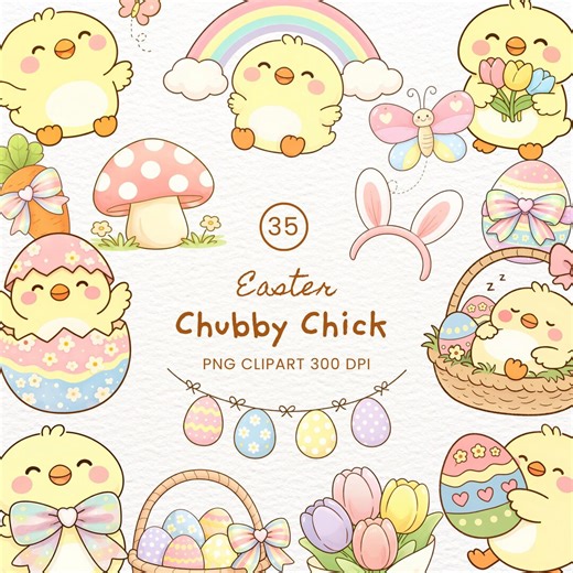 Easter Chubby Chick Clipart Set: Kawaii Baby Chicken Illustration PNG - Etsy