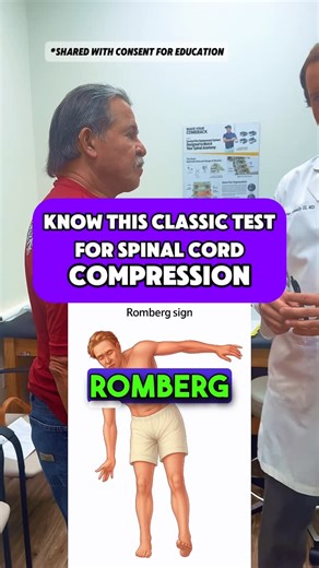 𝘾𝙝𝙚𝙨𝙩𝙚𝙧 𝙅 𝘿𝙤𝙣𝙣𝙖𝙡𝙡𝙮 𝙄𝙄𝙄, 𝙈𝘿 on Instagram: "🤓Romberg’s test, also known as Romberg’s sign, is a neurological exam that assesses balance and sensory nerve function. It’s a simple, noninvasive tool I use to help identify possible SPINAL CORD COMPRESSION. - This is not HIS actually MRI, and he did allow me written permission to share his case. #education #patientavdocate #cervicalmyelopathy #spinalcord #dallas"