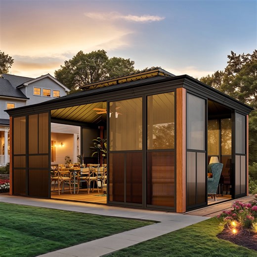 EROMMY 12x 16' Sunroom, with Front Door, Side Entrance, Galvanized Steel Double Top, Wood Grain Appearance, Aluminum Alloy Frame, Solarium Backyard Sun Room