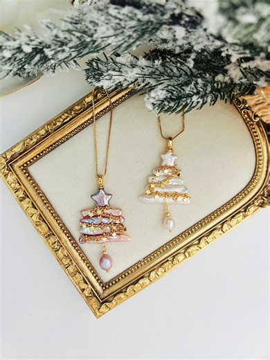 Christmas Tree Pendant Necklace-real Freshwater Pearl Christmas Snowflake Earrings-christmas Tree Holidays Earrings-christmas Gift for Her - Etsy