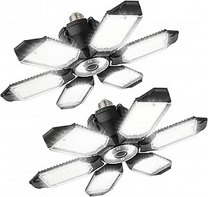 2 Pack LED Garage Lights - 20000LM 6500K Bright LED Shop Light with 7 Deformable Panels, Black, Indoor, Semi Flush Mount, LED, Touch Control, White Light, 2 Count