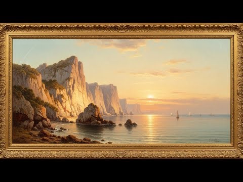 Frame TV Art with Music: 4K Vintage Oil Paintings A Classical Coastal Sunset with Majestic Cliffs