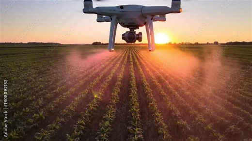 Agricultural drone spraying crops at golden hour with sunset backlight and mist effect over lush green farmland precision farming technology in action aerial pesticide application for modern