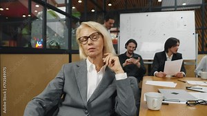 Executive woman at board job meeting. Professional company leaders working negotiating discussing project results in board meeting room. Conference, sales manager, partnership, project concept.