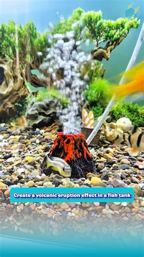 Create a volcanic eruption effect in an aquarium with an air pump and decorative models