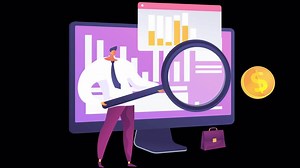 Download A Man Analyzing Business Graphs from Monitor with Magnifying Glass 2D Cartoon Animation on Alpha Channel for free