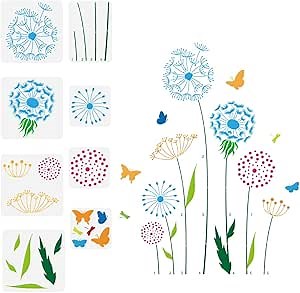 FINGERINSPIRE 8PCS Dandelion Cluster Painting Stencil Reusable Butterfly Dragonfly Template Large Flower Stencil Dandelion Stencil for Garden Fence Plant Theme Template for Painting on Wall Wood