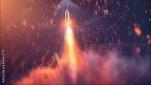Futuristic rocket launching into space with neon pink and purple effects. Seamless loop video background