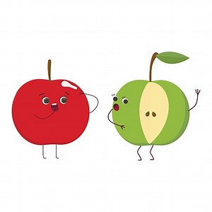 Kawaii Apple. Personaggi della frutta, amicizia. Una mela tagliata....