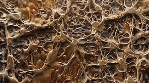 A closeup of chondrocytes actively producing and depositing extracellular matrix fibers.