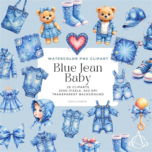 Blue Jean Baby Watercolor Clipart PNG Set, Elements, Commercial Use, Digital PNG - Etsy Australia