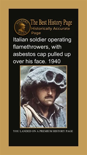 History doze on Instagram: "A 1940 photograph of an Italian soldier operating a flamethrower shows the perilous nature of early-war combat engineering. The soldier wears a thick protective outfit and an asbestos-lined hood—crude protection against the extreme heat and back-blast of his own weapon. These flamethrowers, known as lanciafiamme, were used in World War II to clear bunkers and trenches, but operators faced enormous risks; a single bullet or mechanical fault could ignite the fuel tanks 