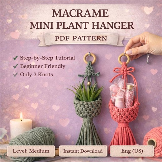 Mini Macrame Plant Hanger Pattern PDF | Valentine DIY Gift for Small Apartment | Easy Hanging Planter Tutorial | English US - Etsy