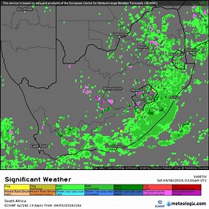2.3K views · 25 reactions | SIGNIFICANT WEATHER OUTLOOK Saturday 6 April > Monday 8 April 2024 This animation map from the ECMWF High Resolution Rapid Update Model courtesy Meteologix/ECMWF gives an indication of significant weather over the next few days. Green = Rainfall Pink = Thunderstorms Yellow = Fog (The rest of the indicator colors are in the graph at the bottom of the maps) #southafricanweather #WeatherUpdate | Your Weather by AfriWx | Facebook